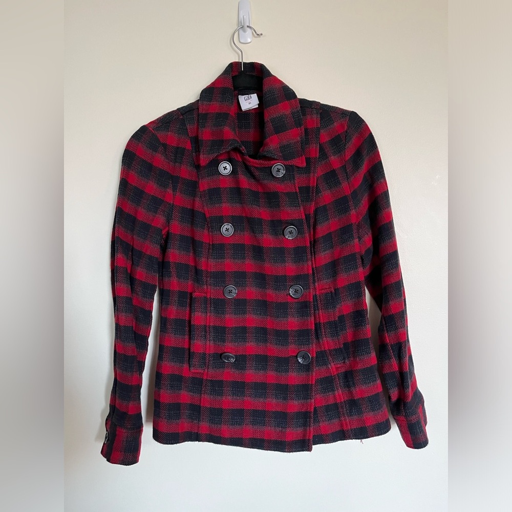 Women’s Cabi Red Buffalo Plaid Flannel Blazer Peacoat Jacket Winter size XS